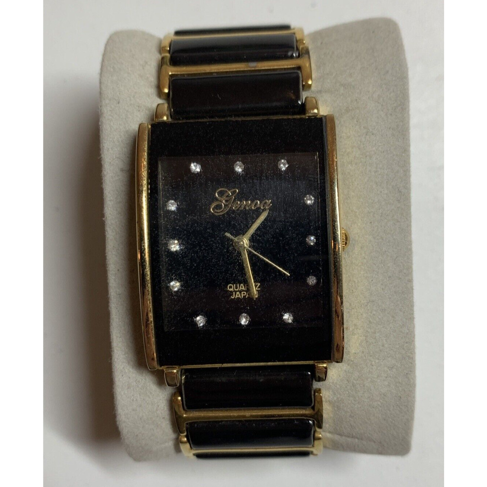 GENOA Crystal Japanese Movement Watch Black Dial Gold and Black Bracelet